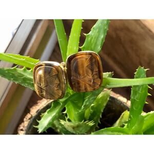 Vintage Lamode 10K Gold Filled, Carved Tigereye Brown Stone Warrior Cufflinks